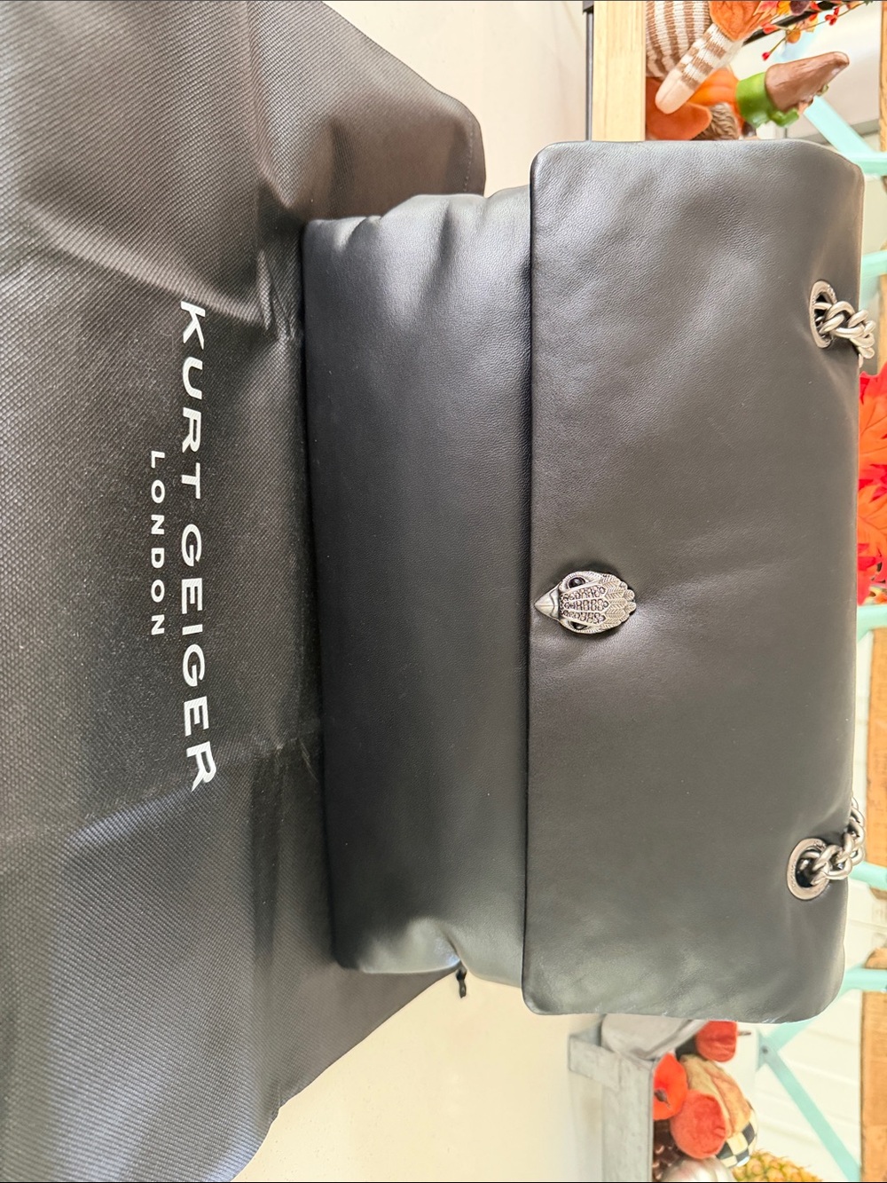 Kurt Geiger Hawk Black Leather Quilted Flap Shoulder Bag with Silver Chain